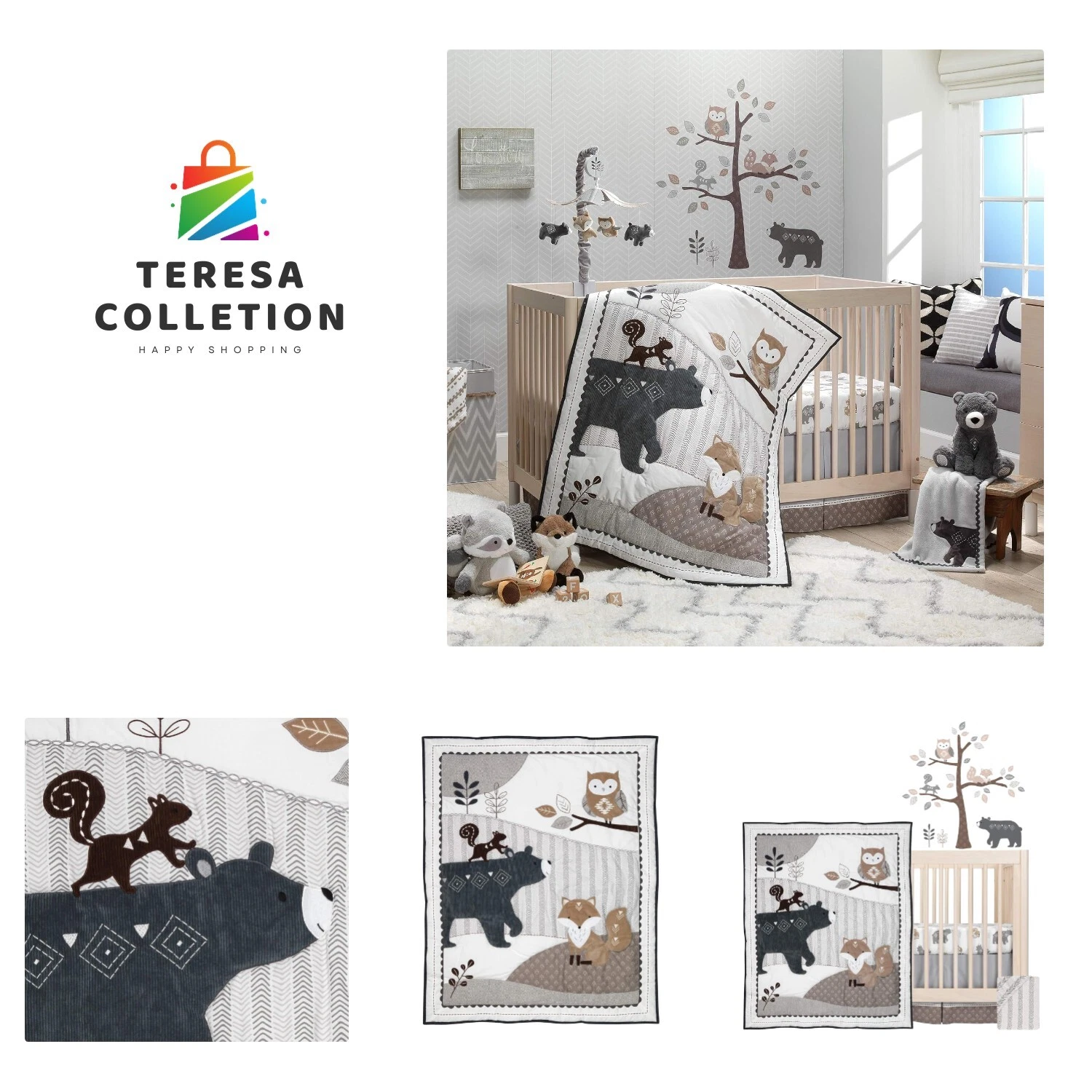 Woodland Forest Animal Nursery 5-Piece Baby Crib Bedding Set - Gray