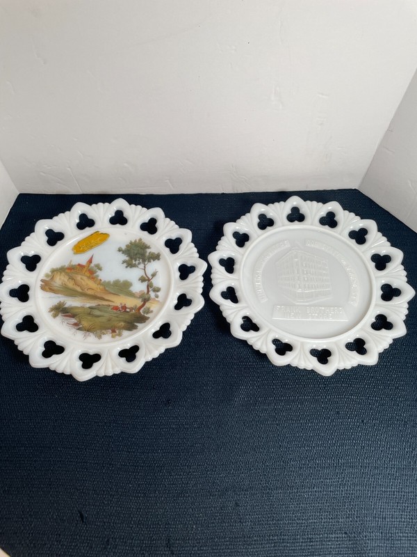 Milk Glass Adverisement Plates Kemple Glass and Frank Brothers Antique