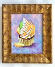 14x12” Original Oil Painting Canvas Cupcake Still Life Framed Signed By Artist
