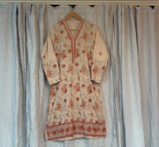 Handmade Floral Kurti Tunic Dress Boho Ethnic Embroidered Indian Cotton Size S