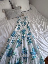 J. Crew Factory V-Neck Smocked Midi Dress Floral White Blue Tiered Size 4