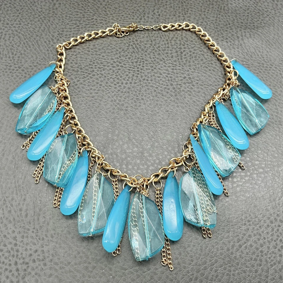 Statement Bib Necklace Womens Gold Tone Turquoise Blue Acrylic Teardrop Fringe - Image 2 of 4