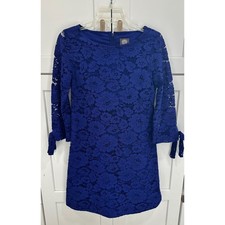 Vince Camuto Blue Floral Lace Shift Dress 3/4 Tie Sleeve Size 2
