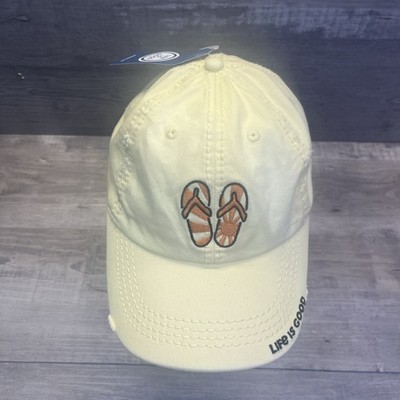 Life Is Good Yellow Embroidered Beach Sandals Flip Flops Sun Hat Sunwash Chill