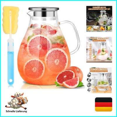 Susteas Wasserkaraffe 3L Glaskaraffe aus Borosilikat, mit Edelstahl-Deckel, e...