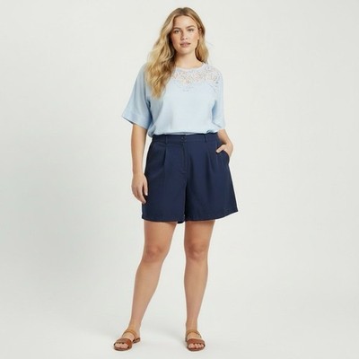 LOFT The Emory Lyocell Shorts Size 12 Large Navy Blue High Rise Pleated Preppy