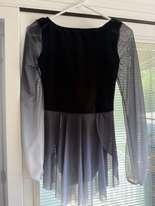 Weissman Women’s Black Velvet Leotard Sheer Long Sleeves Attached Skirt- AS