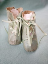 Antique Pale Green Oilcloth Doll Shoes - Reduced