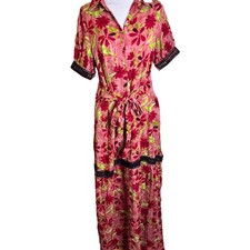 Mulla Maxi Shirt Dress w Pockets Small Pink Floral Bohemian Cottage Belted New