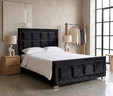 NEW LIZZI PANEL BLACK PLUSH VELVET UPHOLSTERED BED FRAME+DOUBLE+KINGSIZE+SINGLE