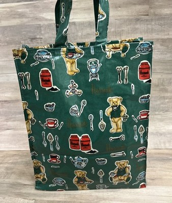 Vintage Harrods Knightsbridge Teddy Bear Green Shopping Tote PVC