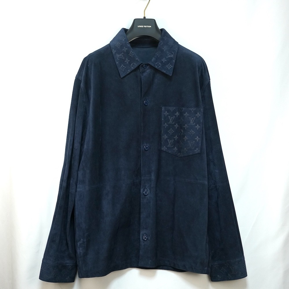 LOUIS VUITTON Suede Leather Shirt Jacket Partial Embroidery Monogram Navy 52