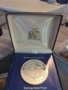 1974 Barbados 10 Dollar - Silver Proof Coin Rare Neptune God Of The Sea
