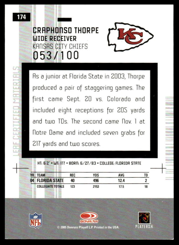 2005 Leaf Certified Materials #174 Craphonso Thorpe Mirror Red #/100 - Image 2 of 2