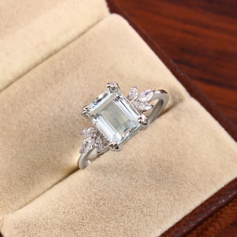 Anillo aguamarina natural, delicado anillo llamativo, plata de ley 925 Foto 2 de 4