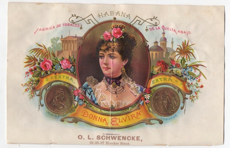  Beautiful 1890s Schwencke NY Sample Inner Cigar Label " Donna Elvira "