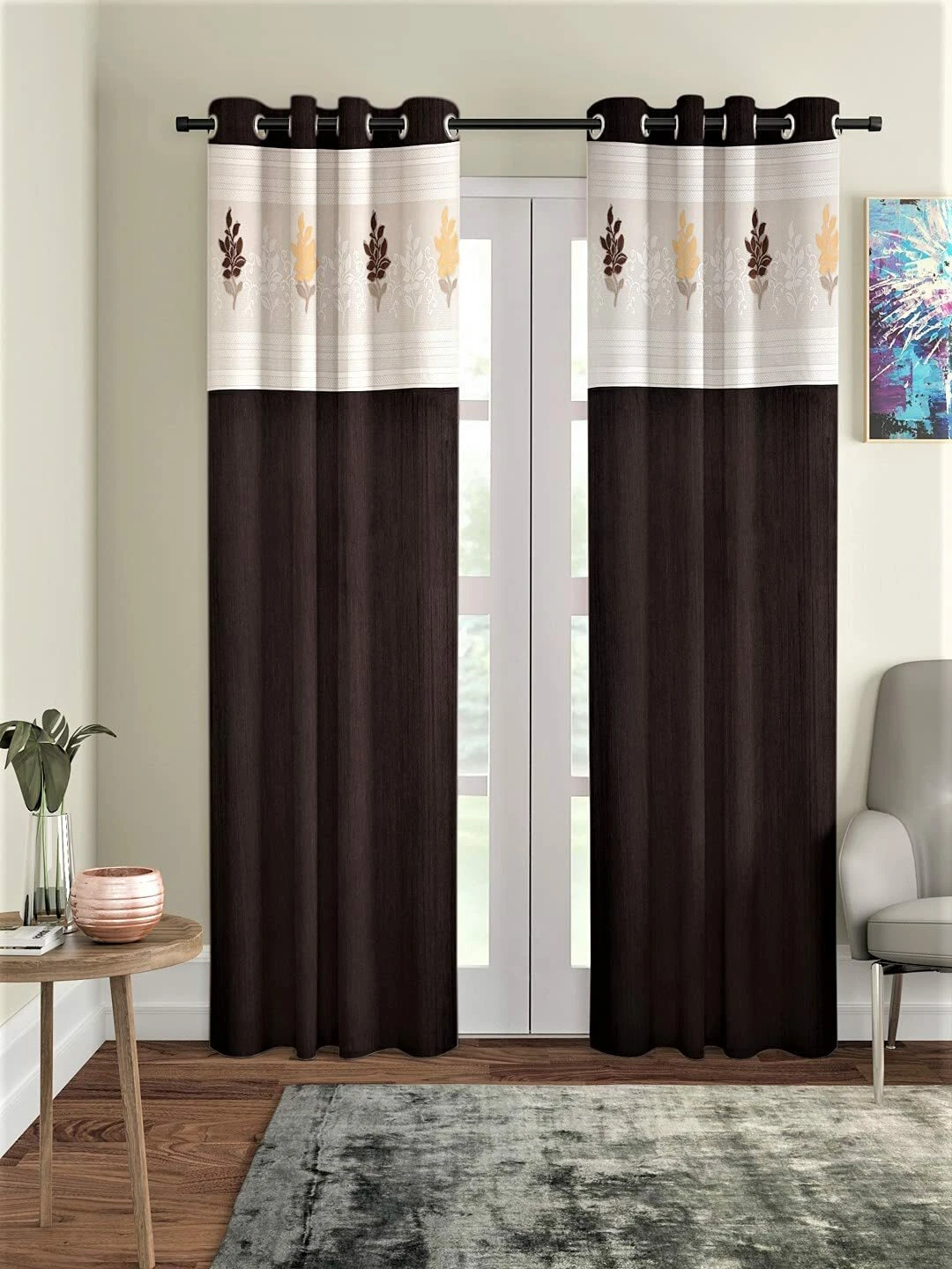 New 2 Piece Eyelet Polyester Door Curtain Set - 7 feet Brown