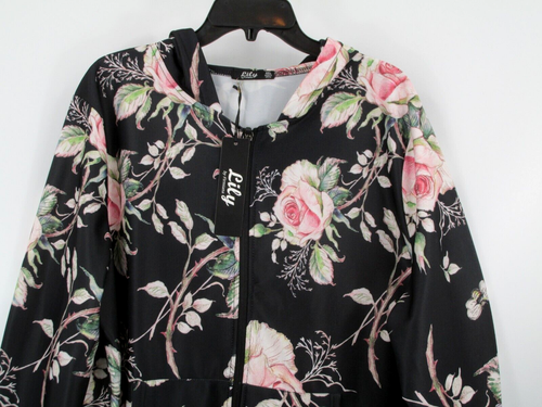 NWT LILY BY FIRMIANA Activewear Hoodie Jacket Women 4XL Black Floral Full Zip - Picture 2 of 18