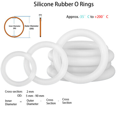 Food Grade Silicone Rubber O Rings Gasket Cross Section 2mm OD 5mm-90mm White 