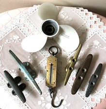 9 Nautical Beach Items: Anchor, Boat Propeller Blade, 5 Boat Cleats, Scale, Bell