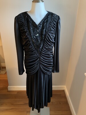 Womens Abby Kent Black Beaded/Sequined Ruched Dress Long Sleeve Vintage 12  | eBay
