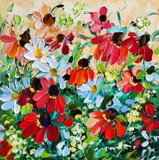 original oil painting Daisy Wildflowers Impasto Floral Landscape art 6*6 inch