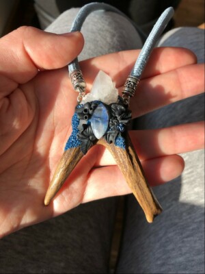 Embellished Deer Antler Point Necklace Quartz Crystal Moonstone Handmade Boho