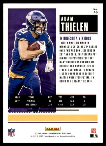 2020 Panini Contenders Adam Thielen Minnesota Vikings #46 Base Card - Picture 2 of 2