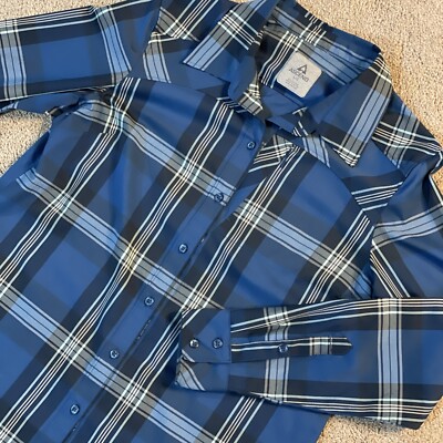 ASCEND Blue & White Plaid Shirt Button Front Roll Tab Long Sleeves Womens Sz L
