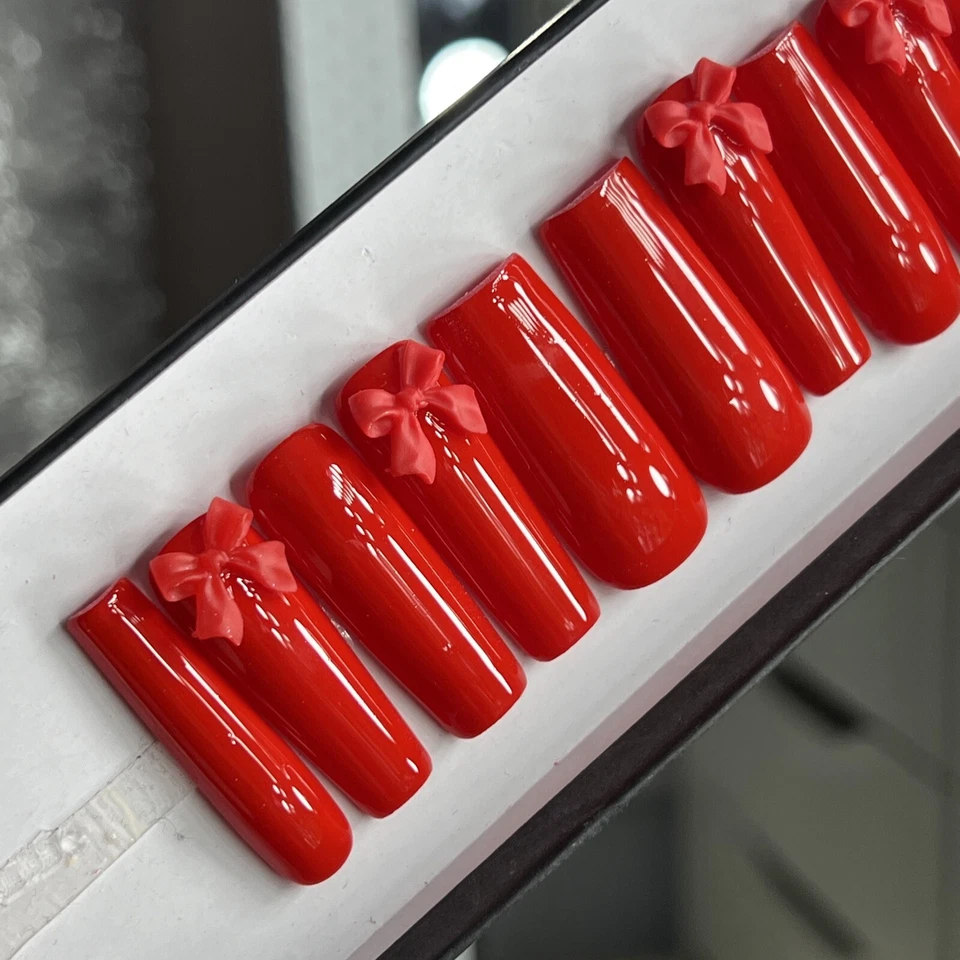 🔥CUSTOM Gel Press On Nails, CLASSIC RED BOW, 10p set FULL SET W Kit LONG SQUARE - Image 2 of 4