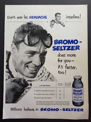 1952 Bromo Seltzer Vintage Print Ad Relieves Headaches and Upset Stomach