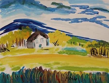 ORIGINAL Landscape Naive Self Taught Folk  OUTSIDER Mary Carol art MCW Primitive