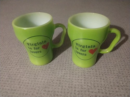 Lot Of (2) Vintage Green Fire King Anchor Hocking Mugs Virginia Is For Lovers
