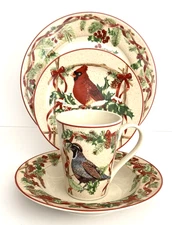 Block Basic Festive Ribbon 2000 Christmas Holiday 4-Pc Dish Set Plates Bowl Cup