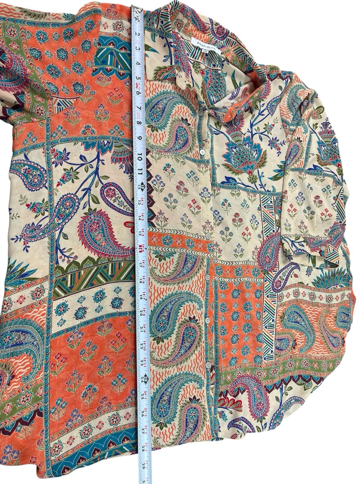 Rose & Olive Patchwork Orange Tan Button Up Top W… - image 8