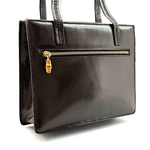 Gucci Bamboo patent leather shoulder bag Dark Brown Logo Auth From Japan