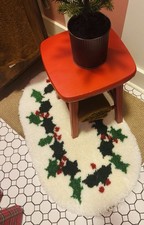 Vintage Completed Holly Latch Hook Small Rug Christmas 22x35 White MCM