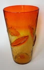 Vintage Blenko #366LL Tangerine Crackle Glass Vase with Applied Leaves 12.5 In.