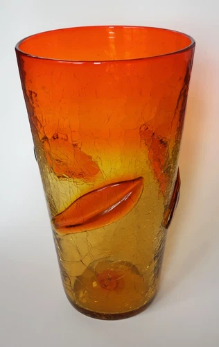 Vintage Blenko #366LL Tangerine Crackle Glass Vase with Applied Leaves 12.5 In.