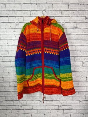 Funky Threads Chunky Knit Rainbow Stripe Hoodie Wool Festival Cardigan 2XL XXL