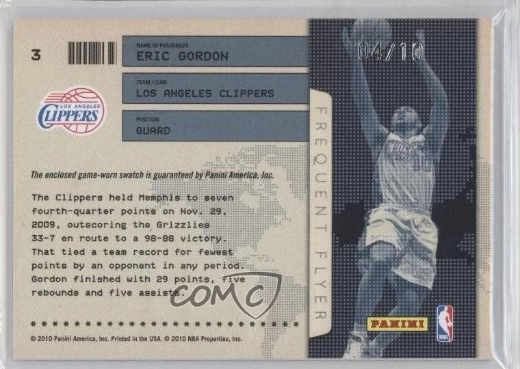 2009-10 Absolute Memorabilia Frequent Flyer Prime Materials /10 Eric Gordon #3 - Image 2 of 2