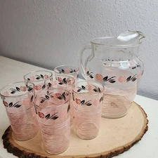 Vintage 1950's Anchor Hocking Pink Rose Swirl Pitcher and 6 Tumbler Glasses Set