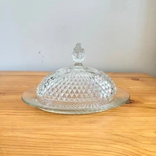 Vintage 60s Indiana Glass Butter Dish Plate Lid Diamond Point Clear Glassware