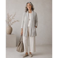 Eileen Fisher Linen Blend Slub Knit Shawl Collar Open Cardigan SZ 1X-2X