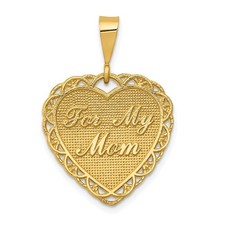 14k Yellow Gold Heart Pendant for Mom Engraved Textured Filigree Mothers Day