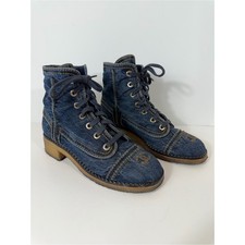 Botas al tobillo CHANEL de mezclilla con cordones logotipo CC talla 10 EU 40 botas de jean azules