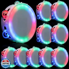 Lukmaa 10 Pack Light up Tambourines LED Flashing Multicolored Round Tambourin