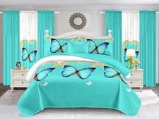 PRISCILLA 10 PCS KING SIZE QUILT SET 100 COTTON TEAL BUTTERFLY CURTAINS SHAMS