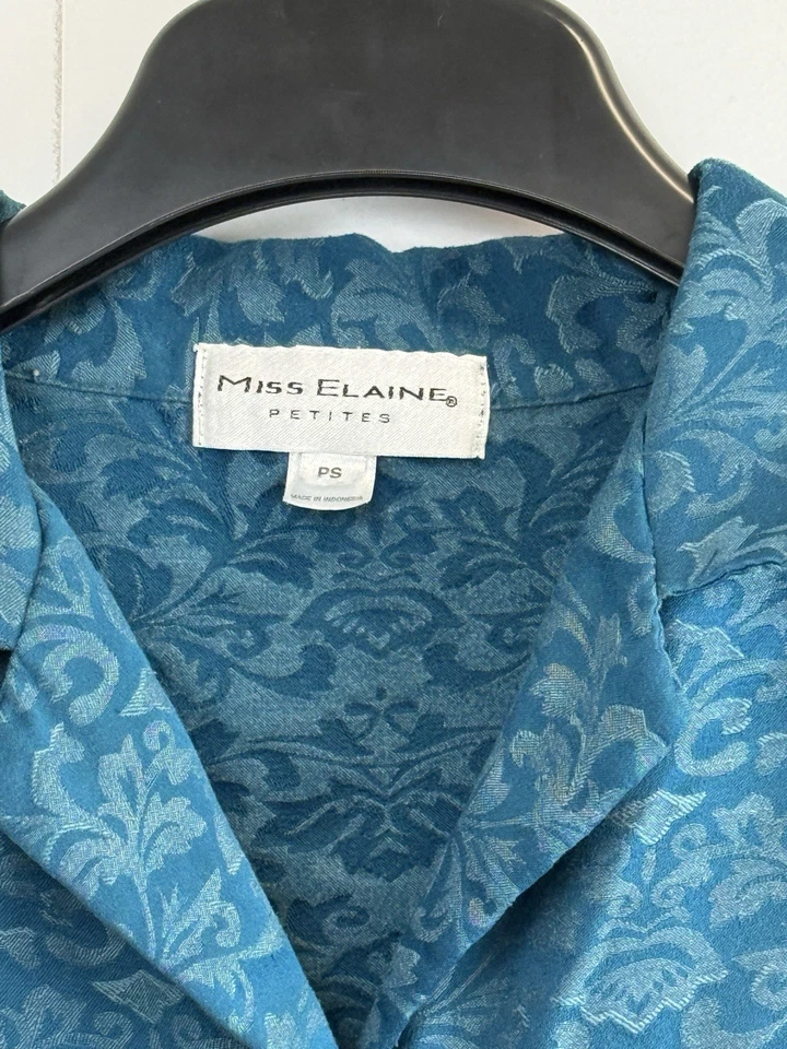 Miss Elaine Teal Long Sleeve Button Up Top & Pants Pajamas Women’s Petite PS - Image 3 of 4