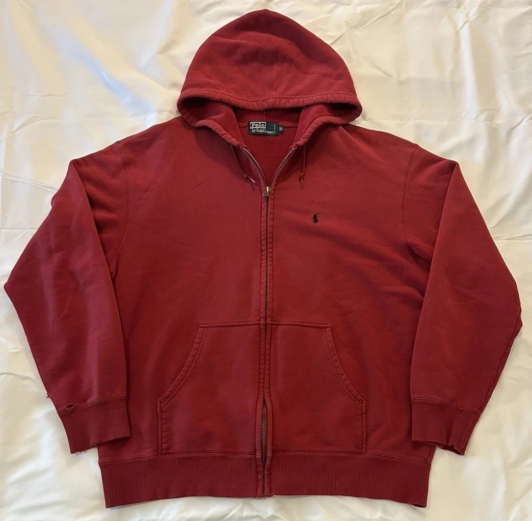 Vintage Polo Ralph Lauren Hoodie Mens XL Red Pony Long Sleeve Zip Sweatshirt